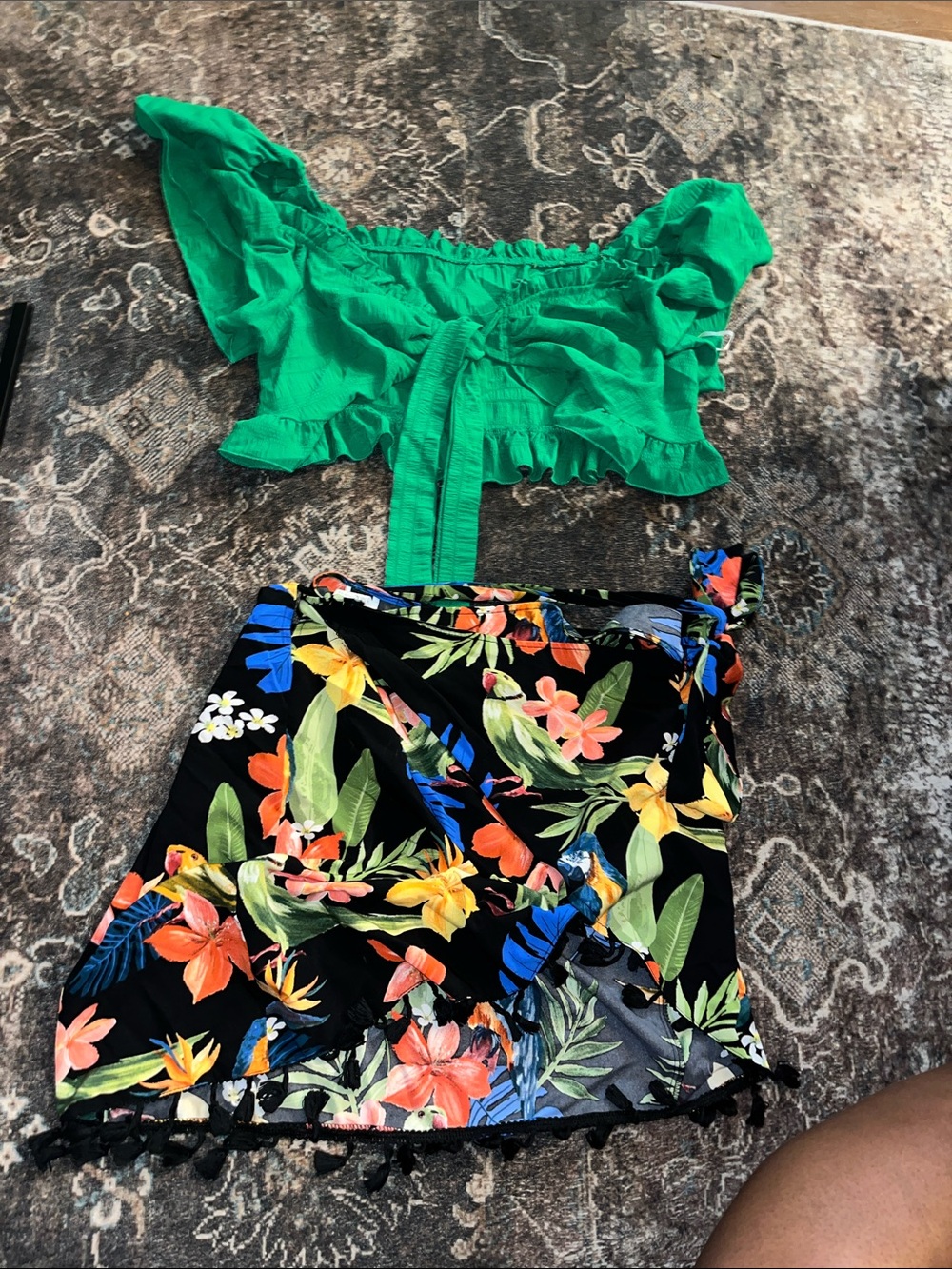 Green Ruffled Crop Top & Tropical Print Wrap Skirt